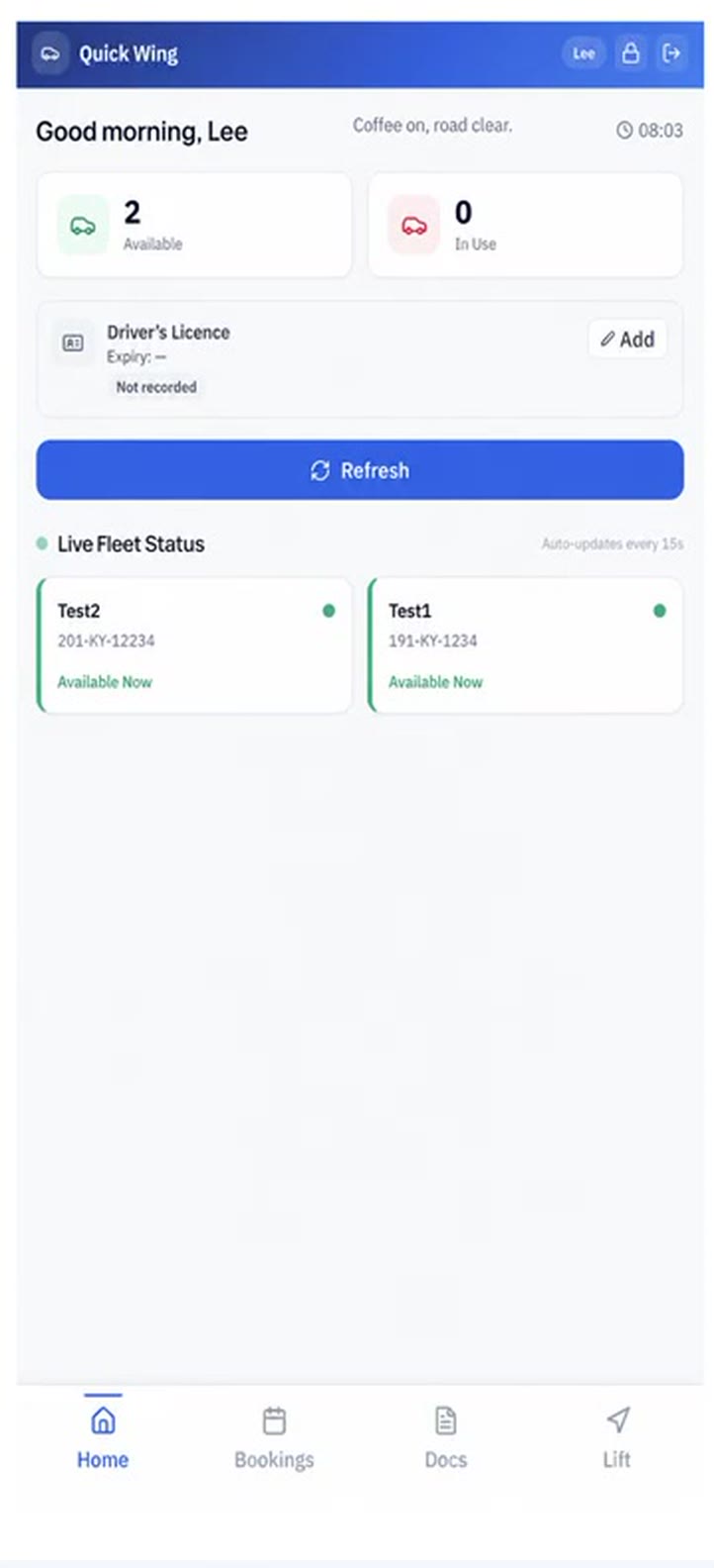 Mobile home screen with live fleet status